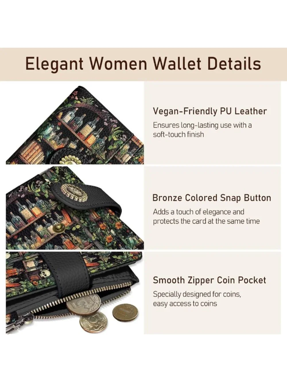 Gothic Skull Wallet for Women - Small RFID Zipper Coin Pocket, Stylish & Unique